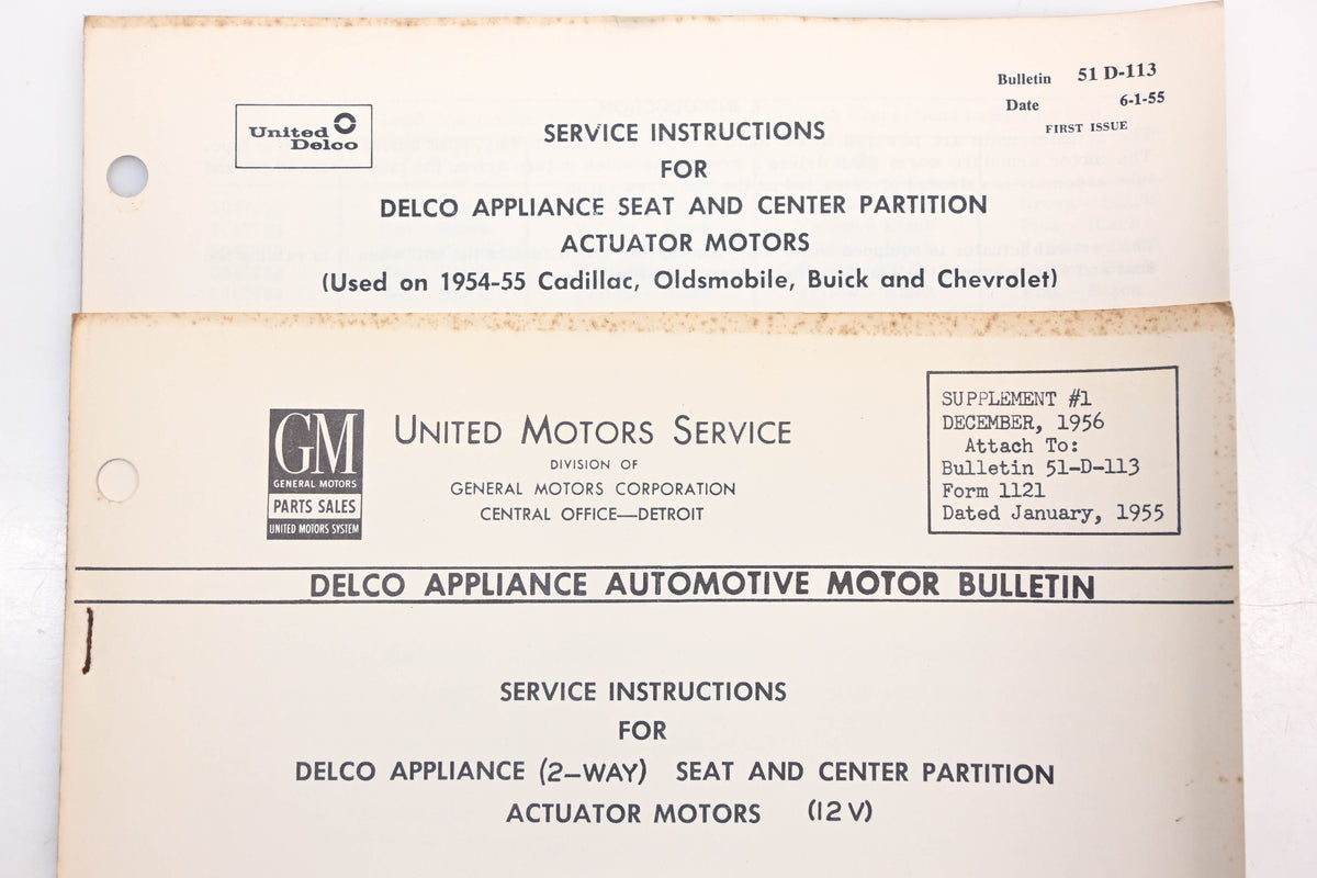 Delco 51-D-113 1954-55 Appliance Seat & Center Partition Actuator Motors Service Bulletin & Supplement