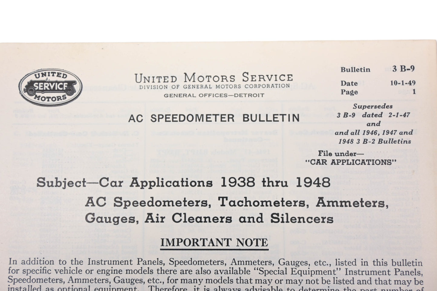 General Motors 3 B-9, 3B-9 1949-1948 AC Speedometer Car Applications Bulletin