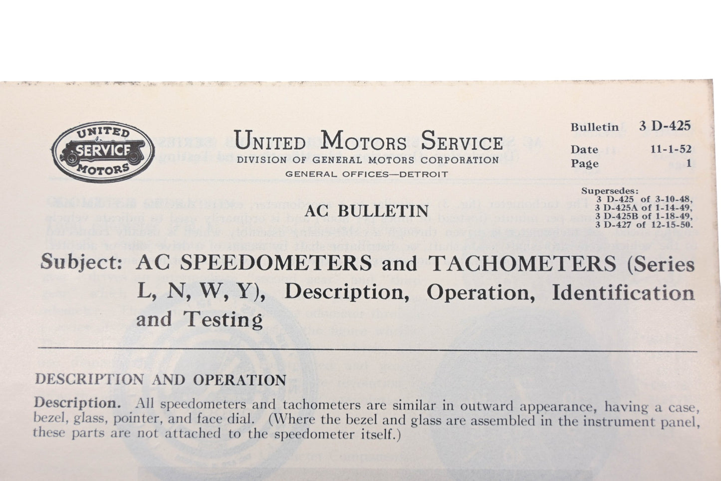 General Motors 3 D-425, 3D-425 AC Speedometers Tachometers Series L,N,W,Y AC Bulletin