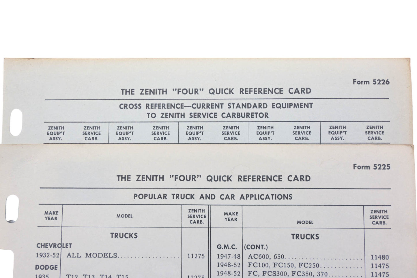 Bendix 5225, 5226 Zenith Caruretor "Four" Quick Reference Cards
