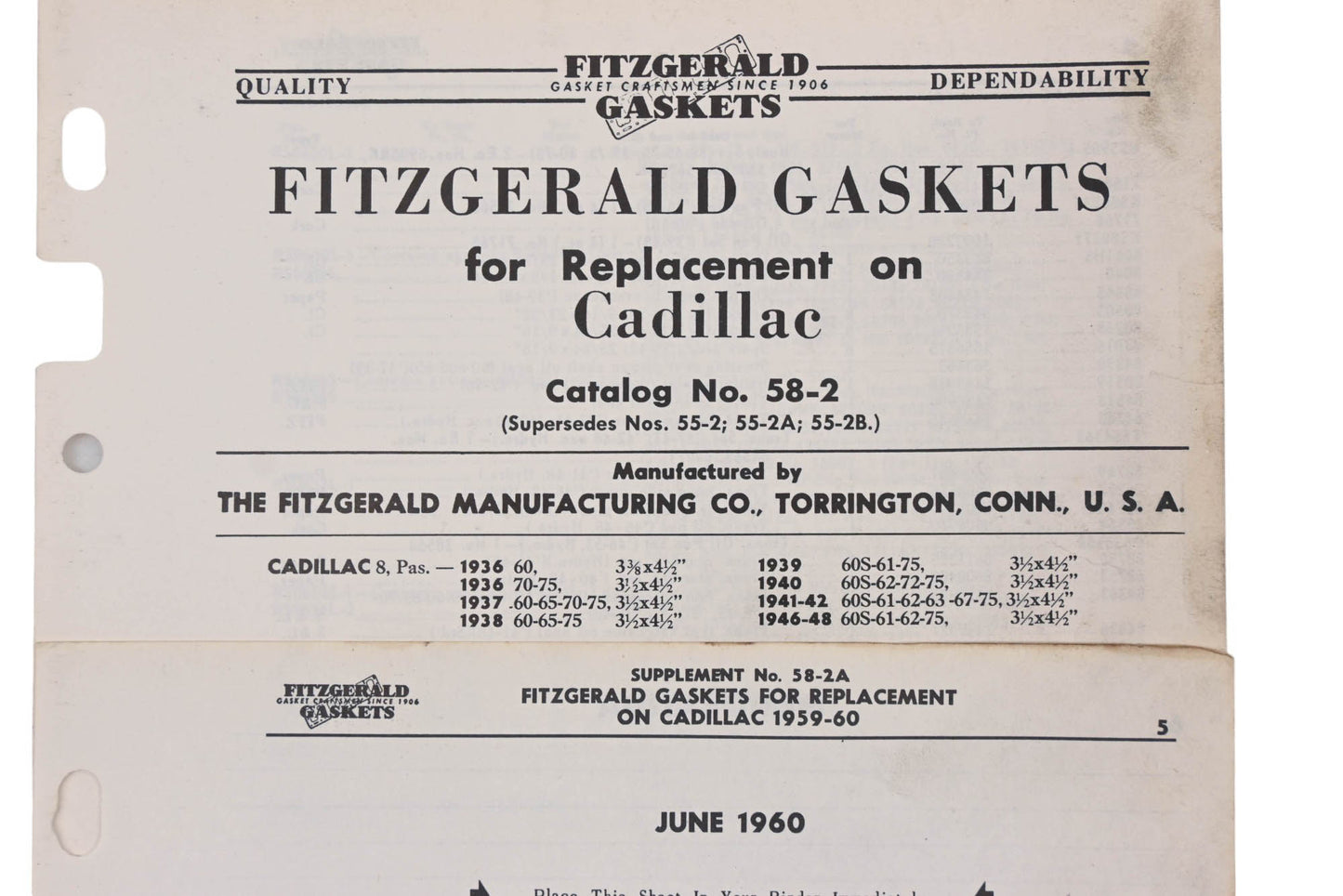 Fitzgerald 58-2, 58-2A Cadillac Replacement Gaskets Catalog