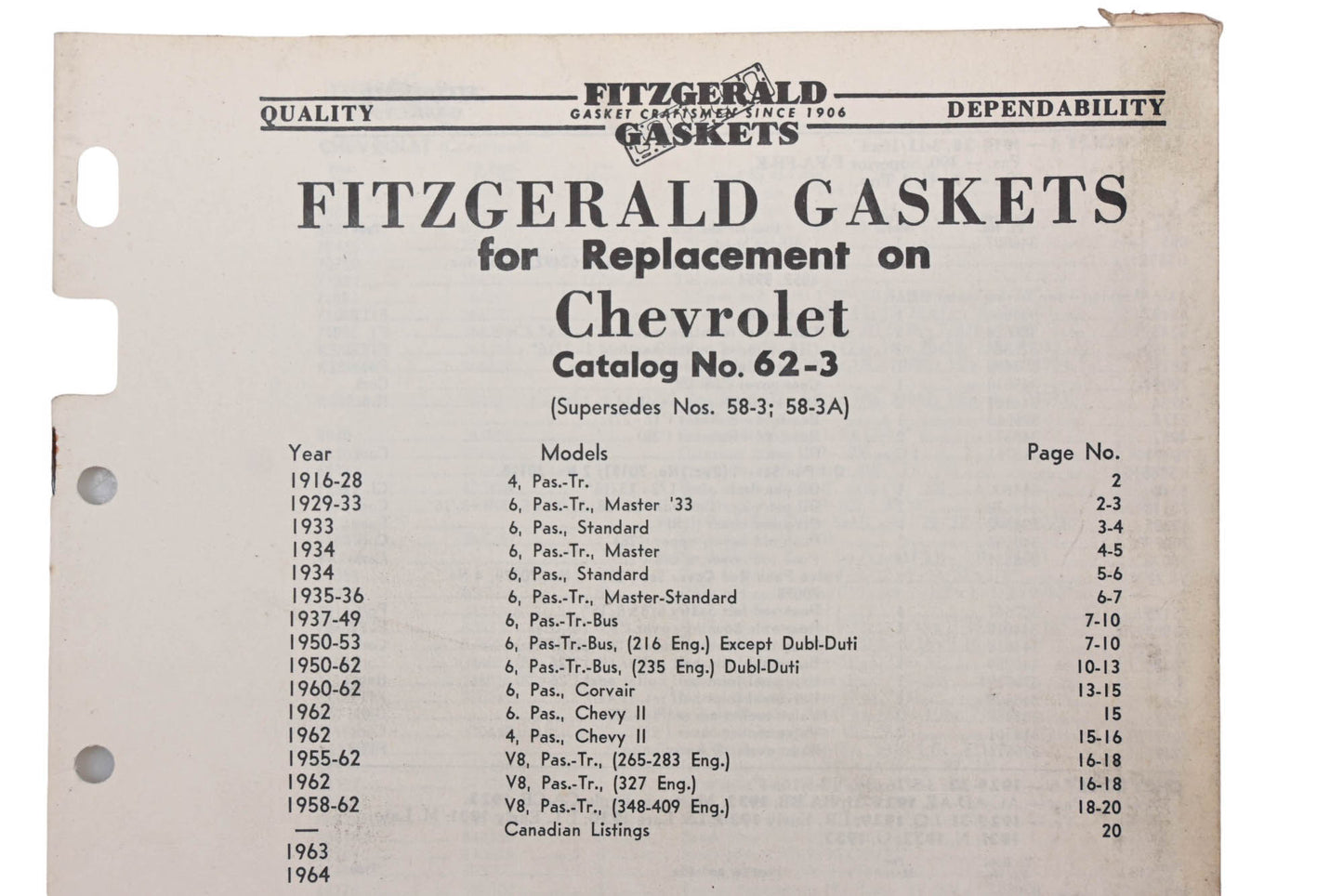 Fitzgerald 62-3 Chevrolet Replacement Gaskets Catalog