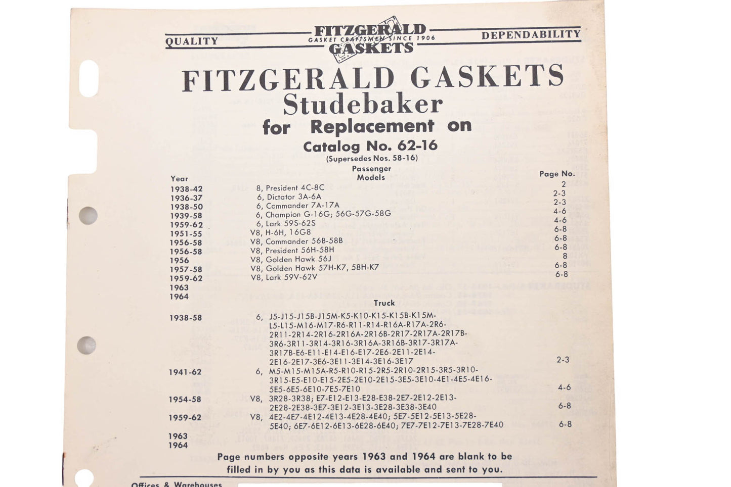 Fitzgerald 62-16 Studebaker Replacement Gaskets Catalog
