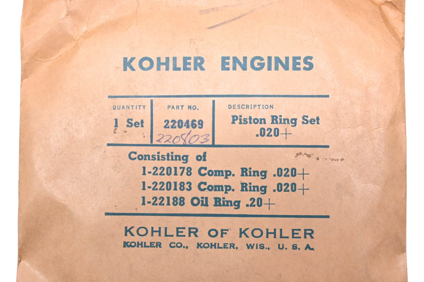 Kohler 220803 Ring Kit NOS