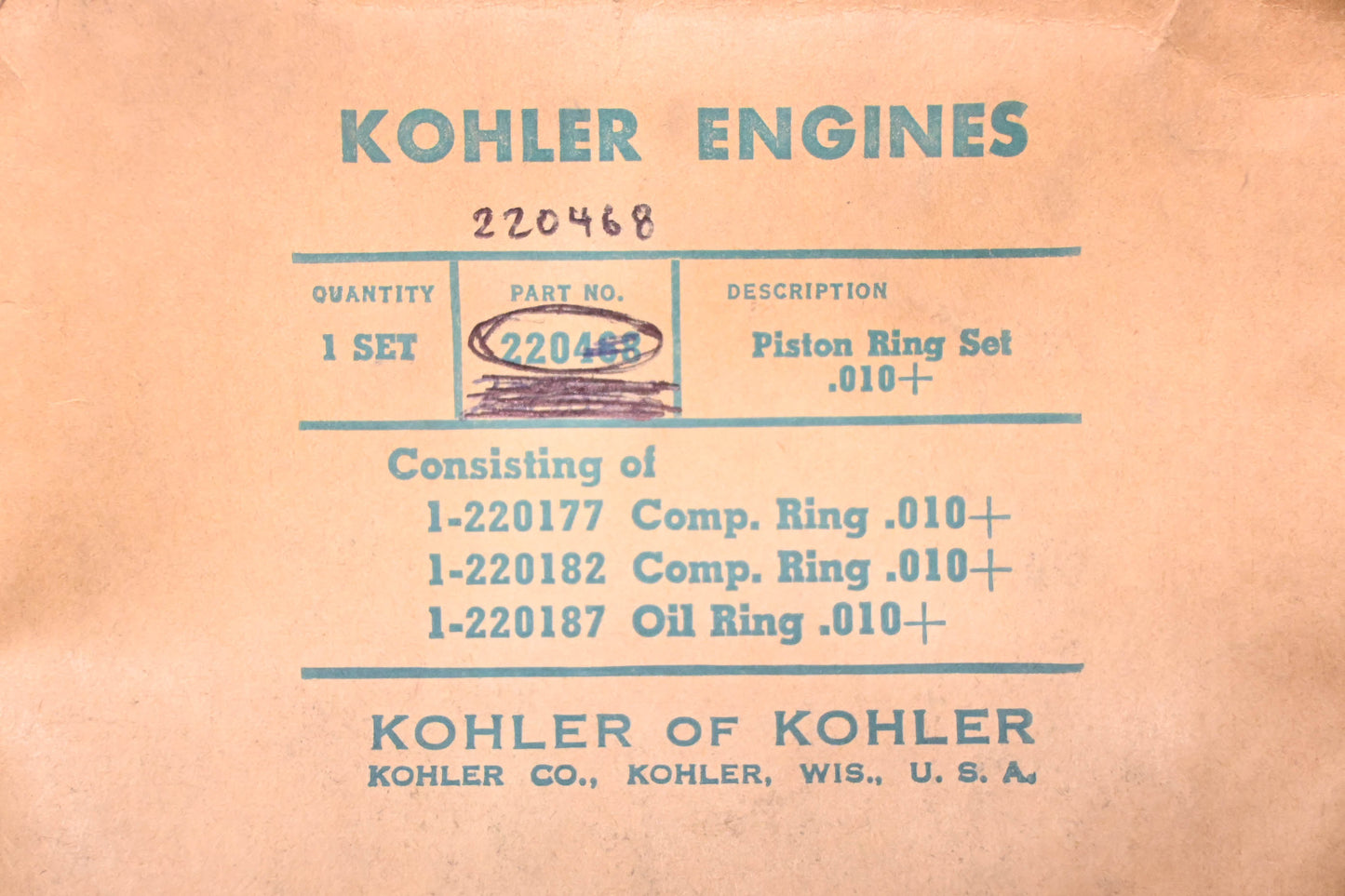 Kohler 220468 Piston Ring Kit NOS