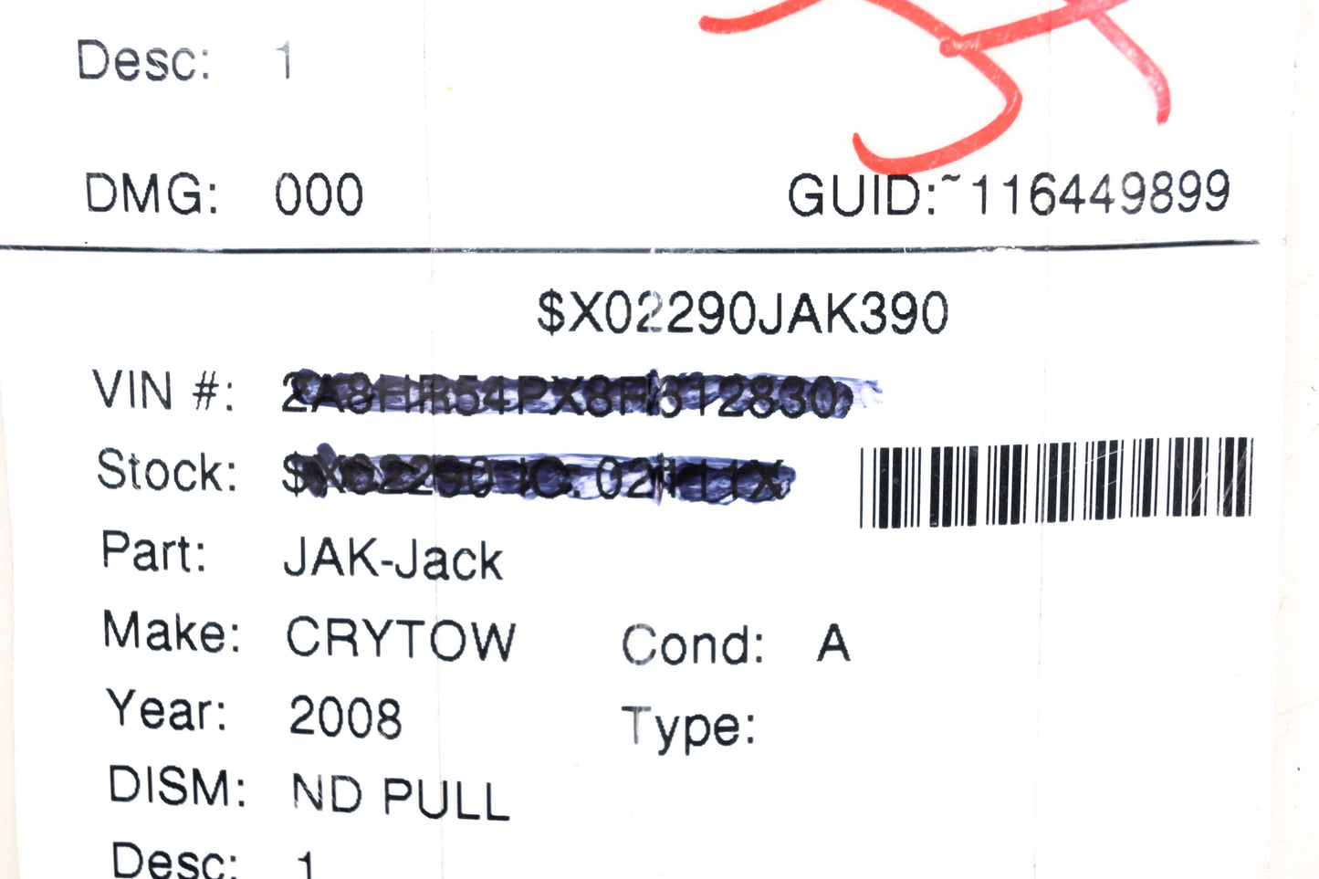 Chrysler $X02290JAK390 Tire Jack Assembly NOS
