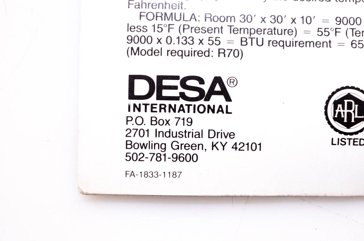 DESA International FA-1833-1187 Reddy Heater Portable Forced Air Heaters Brochure