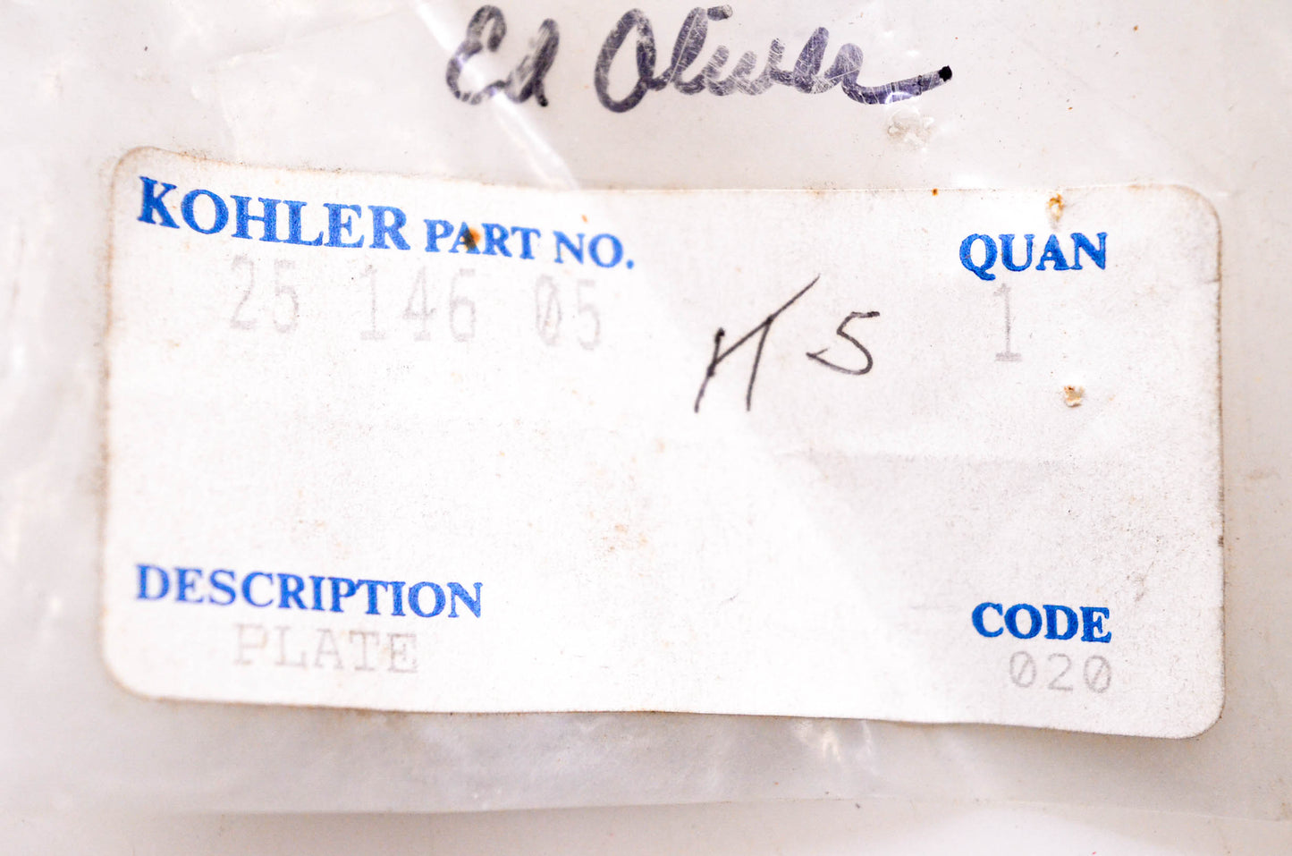Kohler 25 146 05 Plate NOS