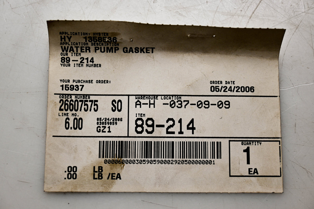 Hyster 1358536, 89-214 Water Pump Gasket NOS