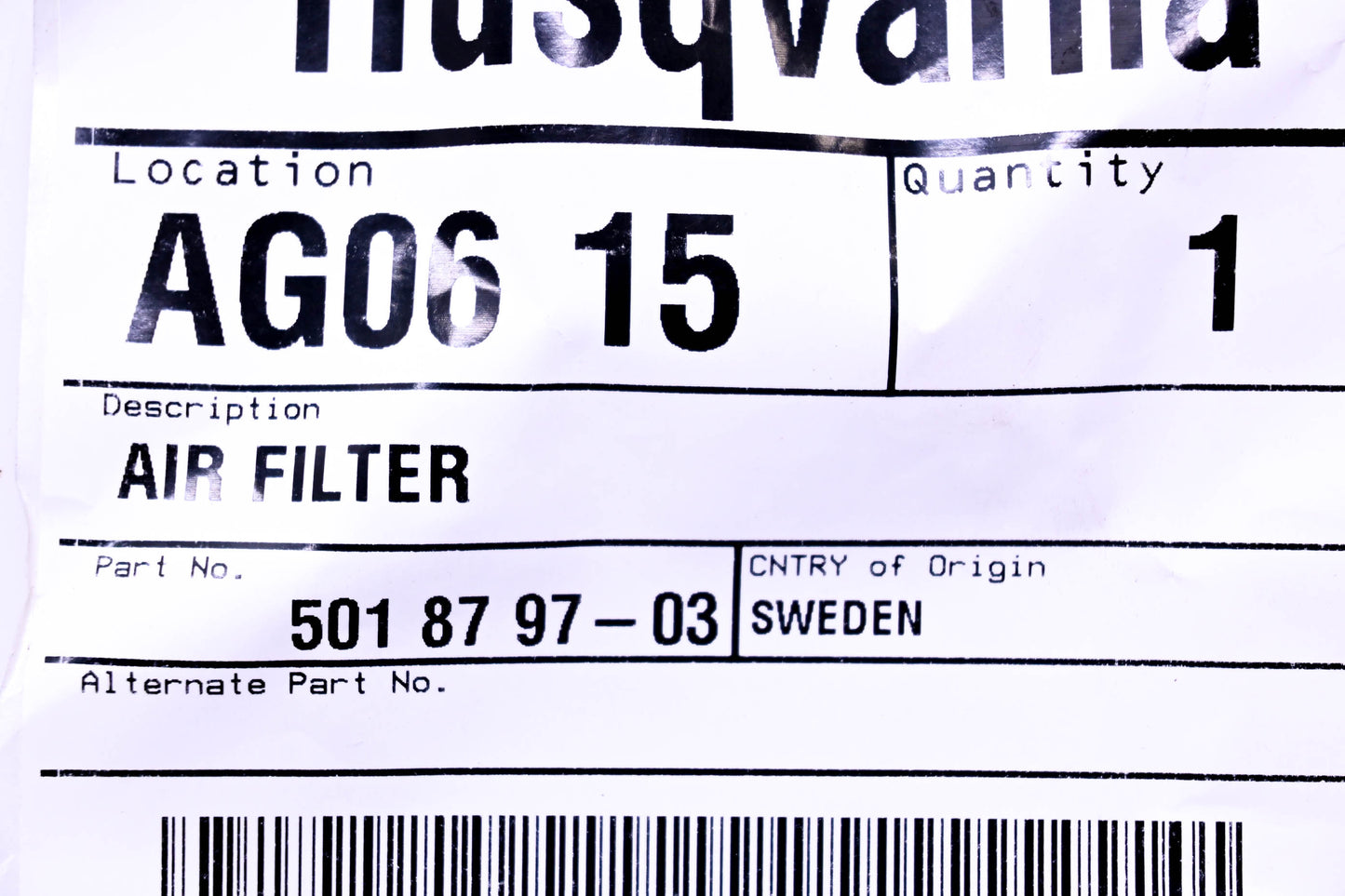 New OEM Husqvarna 501 87 97-03, 501879703 Air Filter NOS