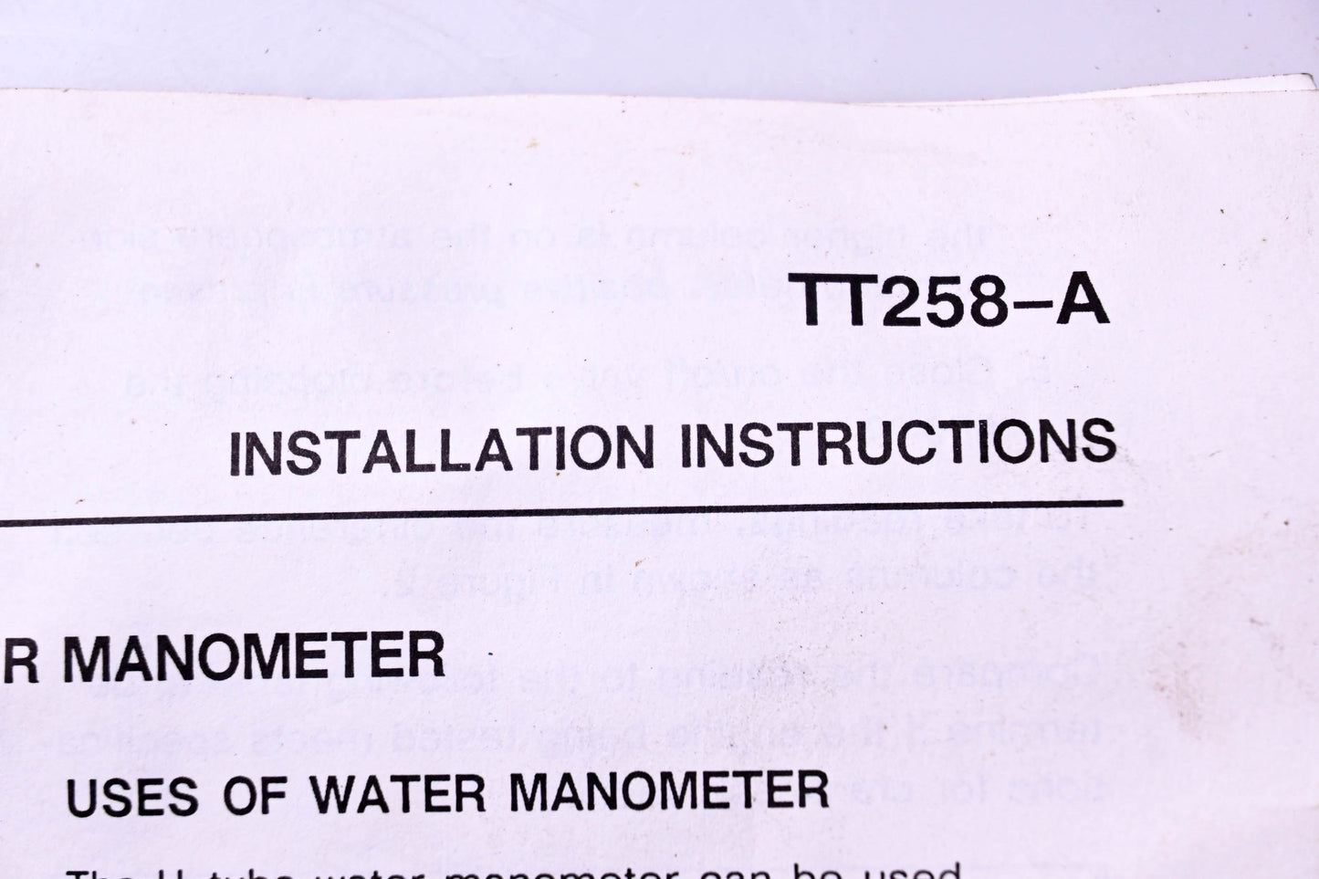 Kohler TT258-A U-Tube Water Manometer NOS