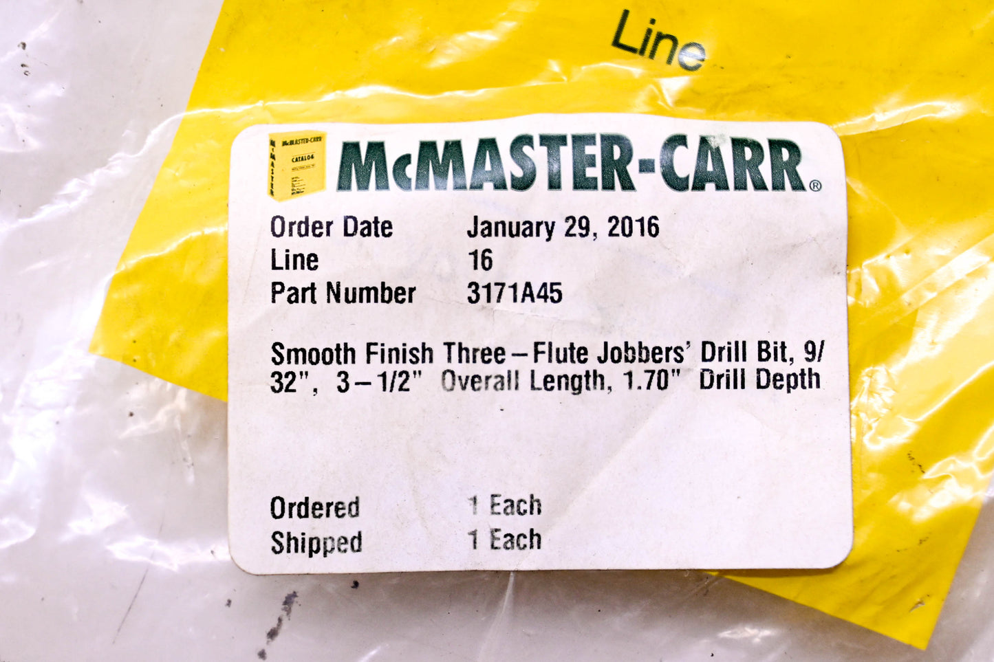 McMaster-Carr 3171A45 Jobbers Drill Bit NOS