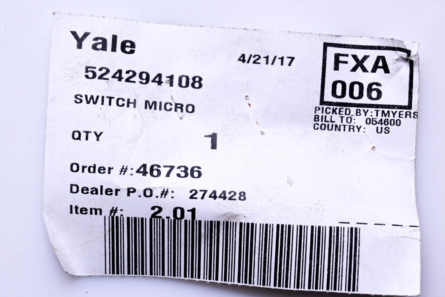 Yale 524294108 Micro Switch NOS