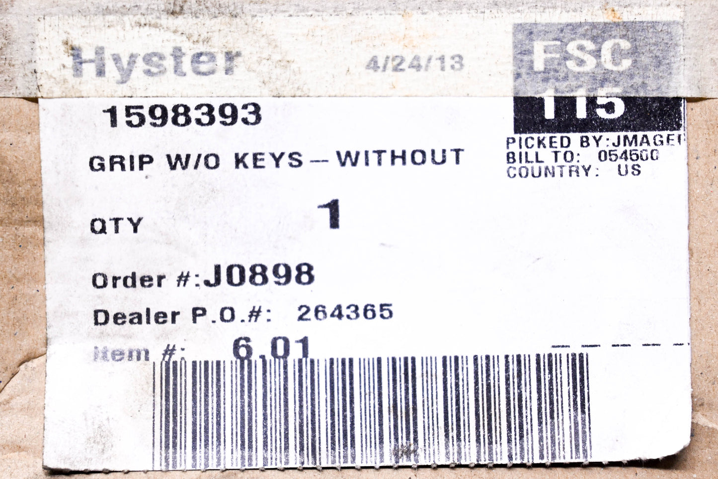 Hyster 1598393 Locking Handle NOS