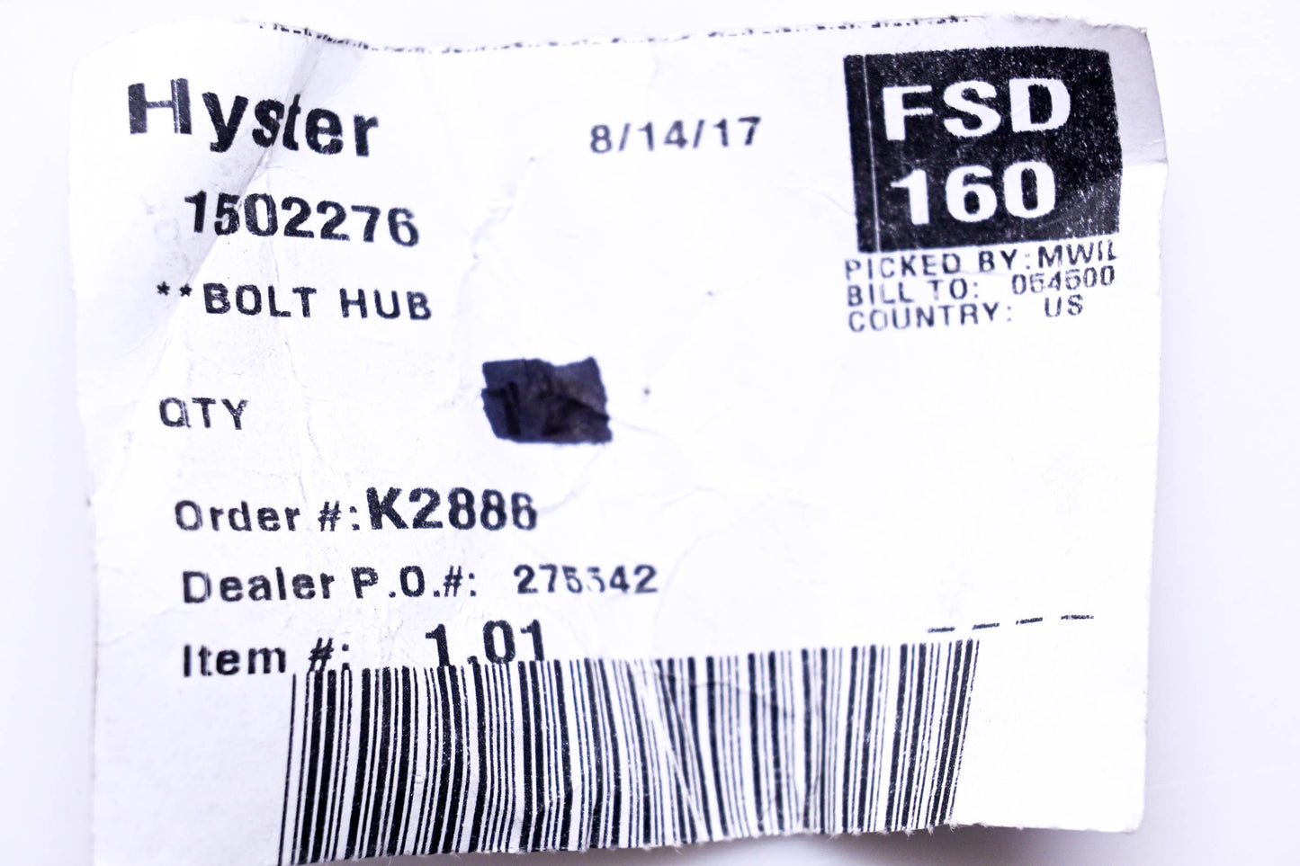 Hyster 1502276 Hub Bolt NOS