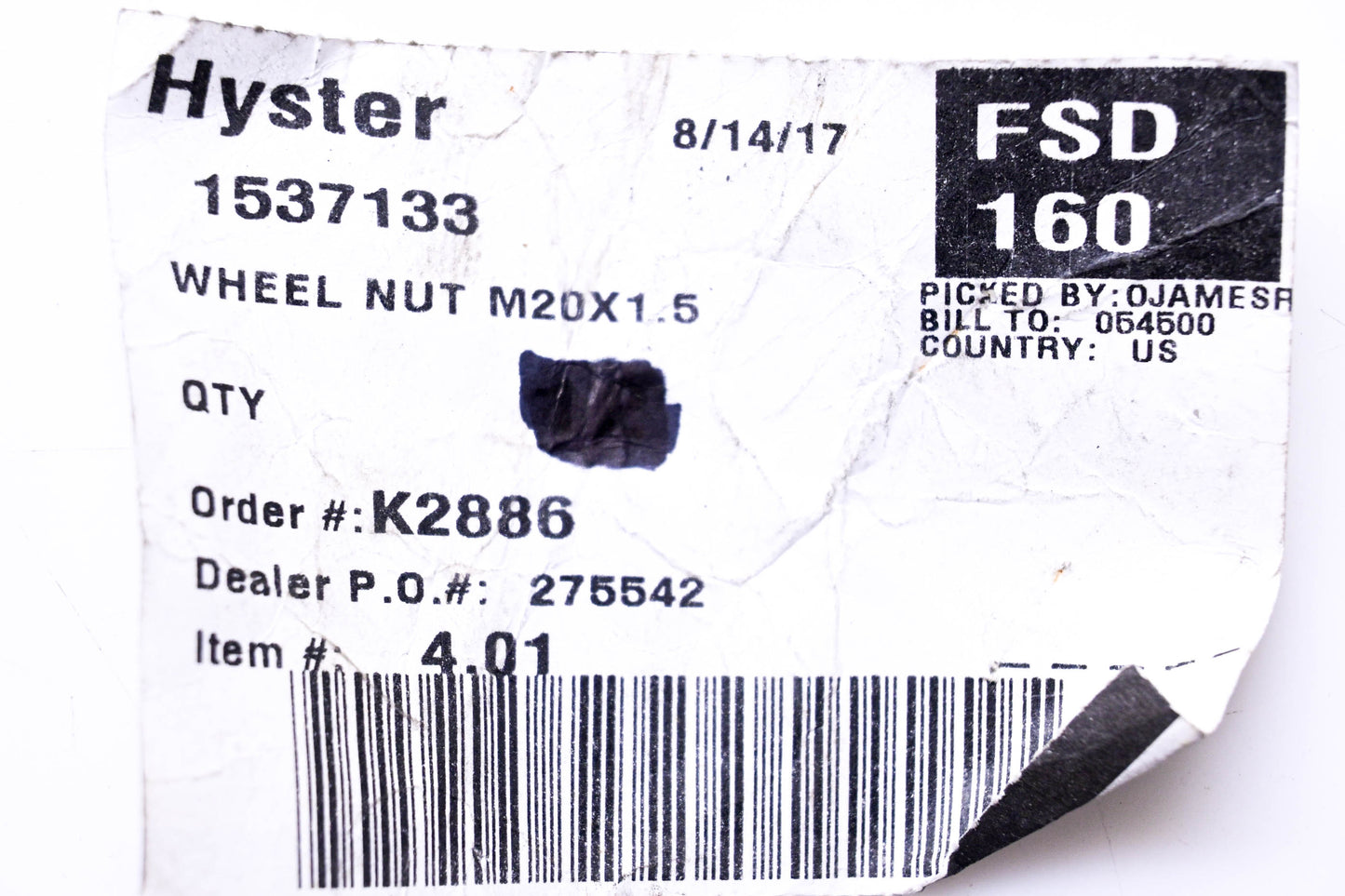 Hyster 1537133 Nut NOS