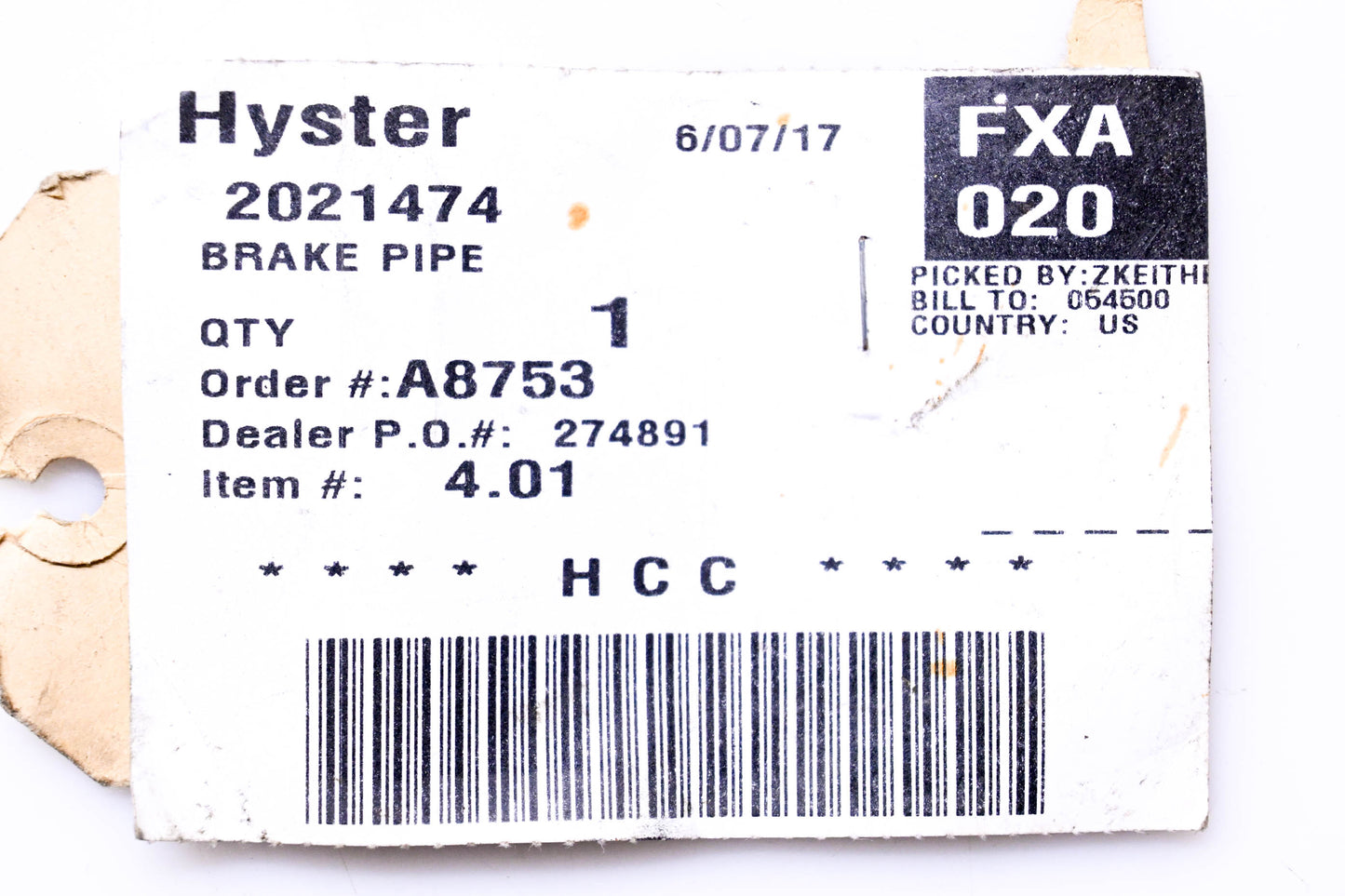 Hyster 2021474 Brake Pipe Line NOS