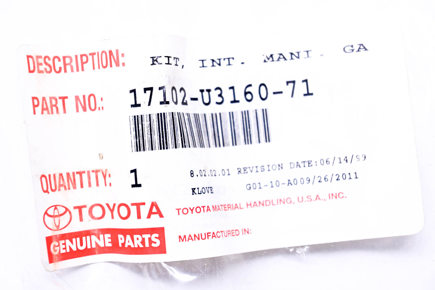 New OEM Toyota 17102-U3160-71 Intake Manifold Gasket NOS