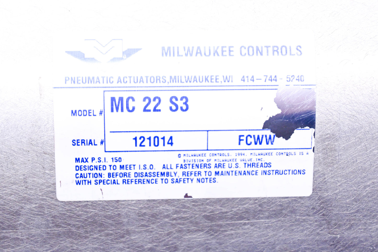 Milwaukee Controls MC 22 S3, MC22S3 Pneumatic Actuator NOS