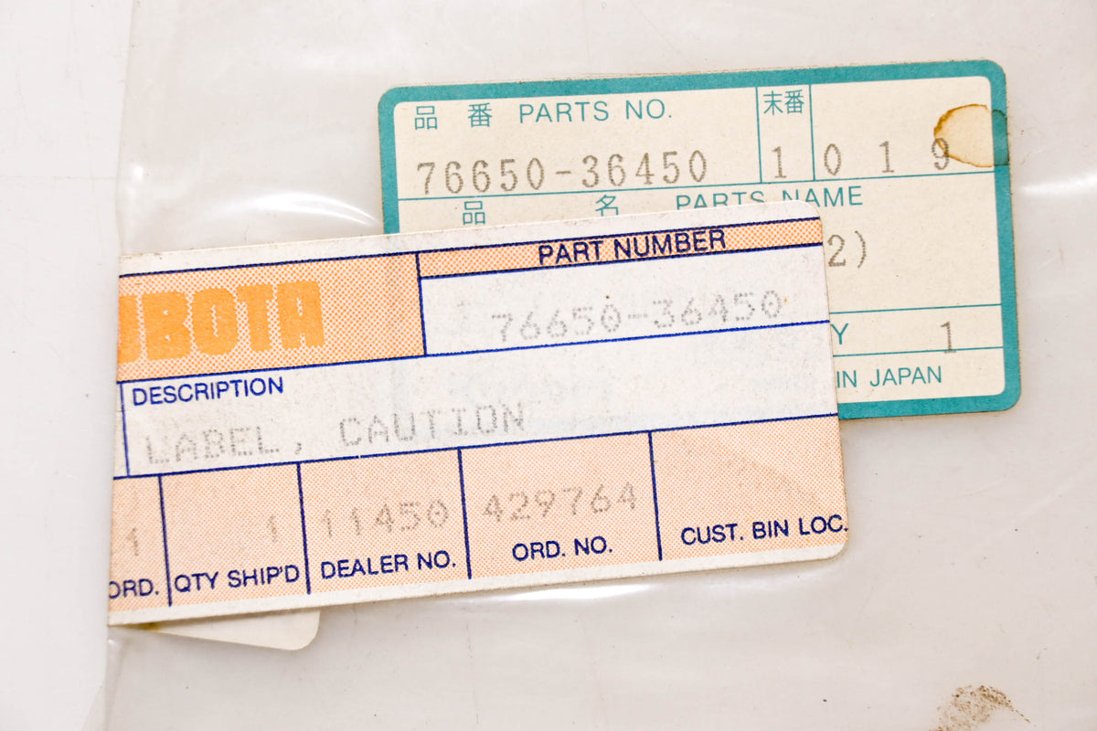 Kubota 76650-36450 Warning Label NOS