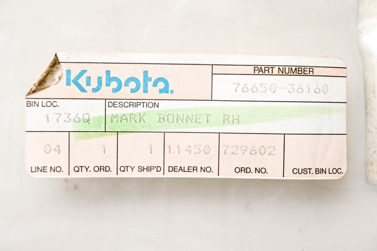 Kubota 76650-36160 Bonnet Mark Right Hand NOS