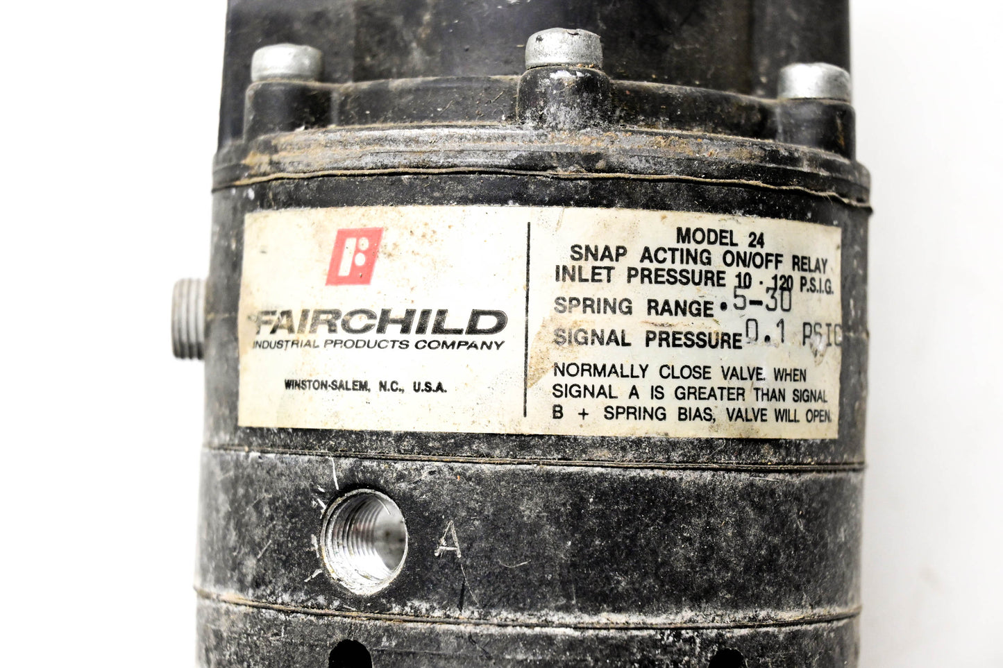 Fairchild 24 Model 24 Snap Acting On Off Relay 10-120 PSIG Spring Range .5-30 PSIG