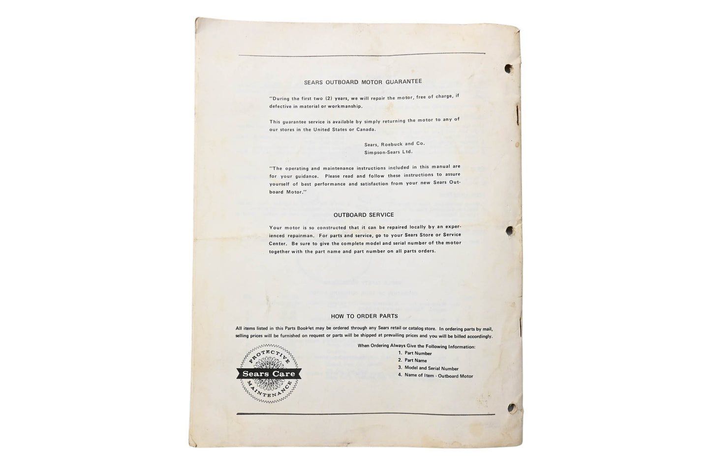 Sears, Roebuck and Co. 96863 Owners Manual & Parts List For Sears Outboard Motor
