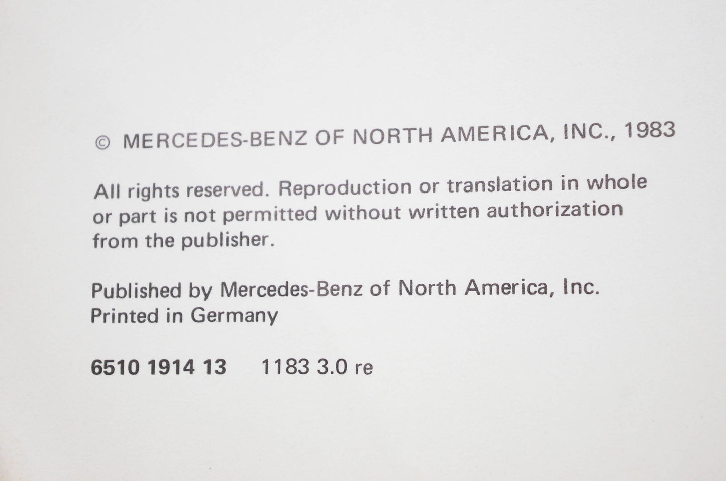 Mercedes-Benz Service 6510-1914-13 Service Manual Engine 110 Volume 2