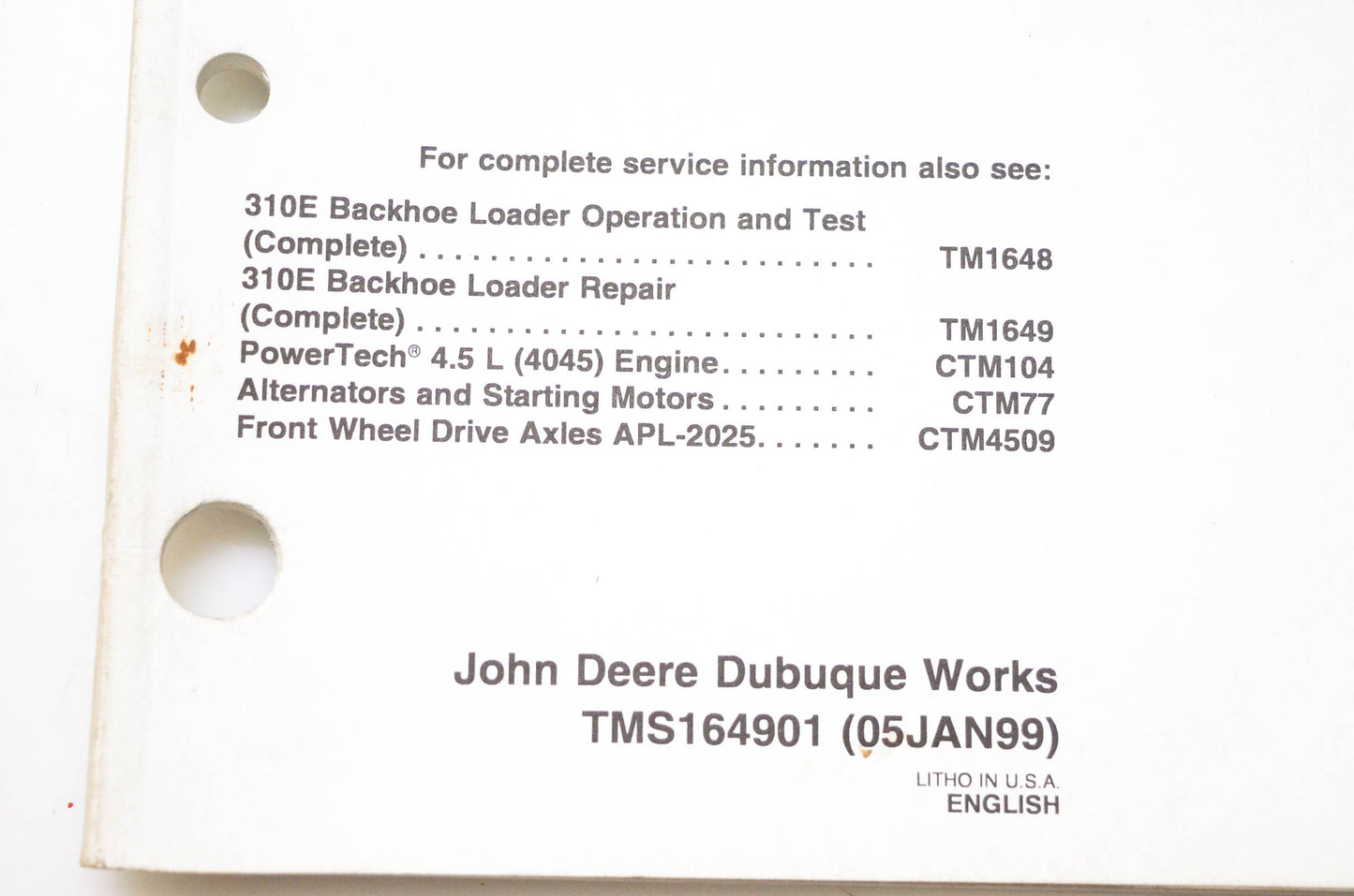 OEM John Deere TMS164901 310E Backhoe Loader Repair Sections 01-02 Wheels & Axles Technical Manual