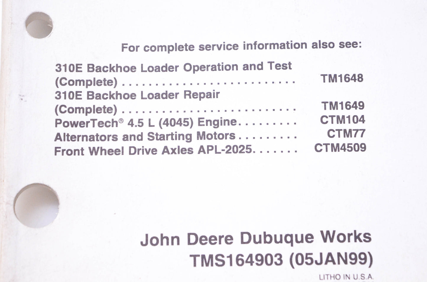 OEM John Deere TMS164903 310E Backhoe Loader Repair Sections 03-06 Transmission & Engine Technical Manual