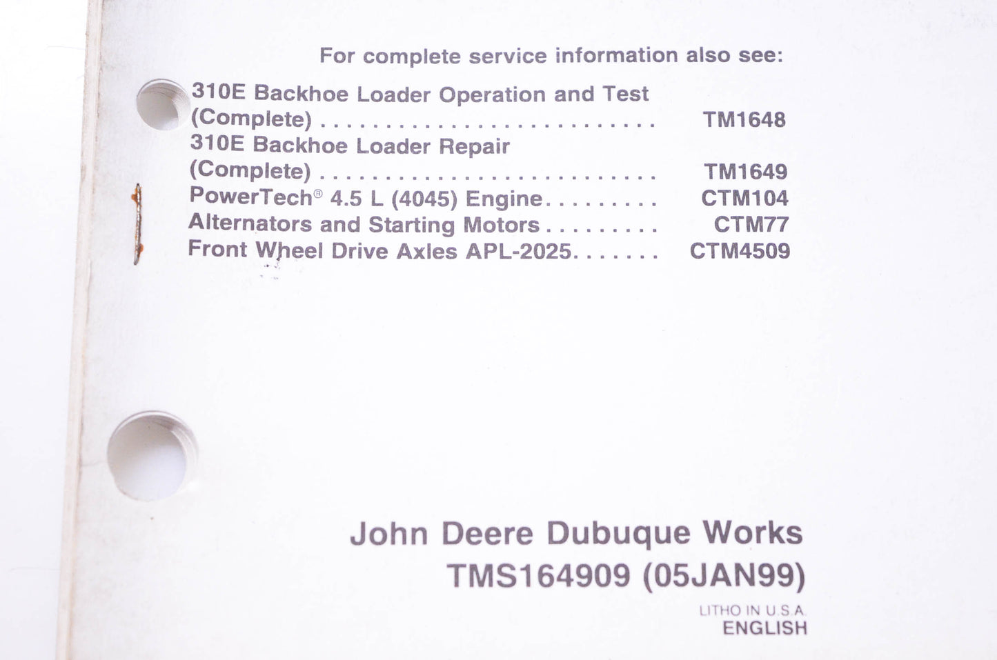 OEM John Deere TMS164909 310E Backhoe Loader Repair Sections 09-11 Steering & Brakes Technical Manual