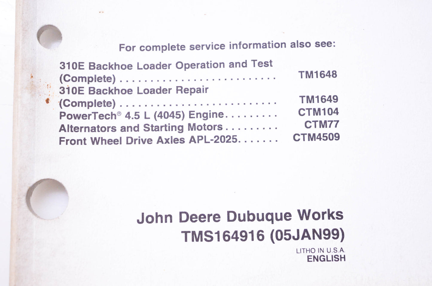 OEM John Deere TMS164916 310E Backhoe Loader Repair Sections 16-17 Electrical System & Frames Technical Manual