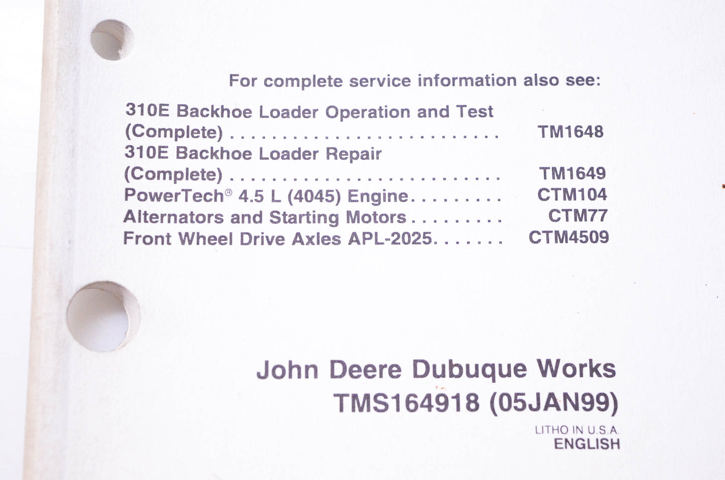 OEM John Deere TMS164918 310E Backhoe Loader Repair Sections 18-20 Operator's Station & Sheet Metal