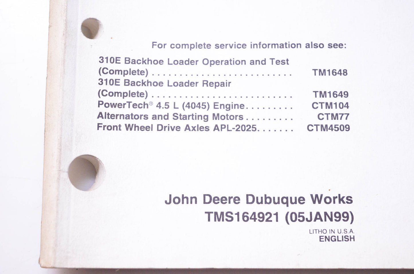 OEM John Deere TMS164921 310E Backhoe Loader Repair Sections 21 31 & 33 Main Hydraulics Technical Manual