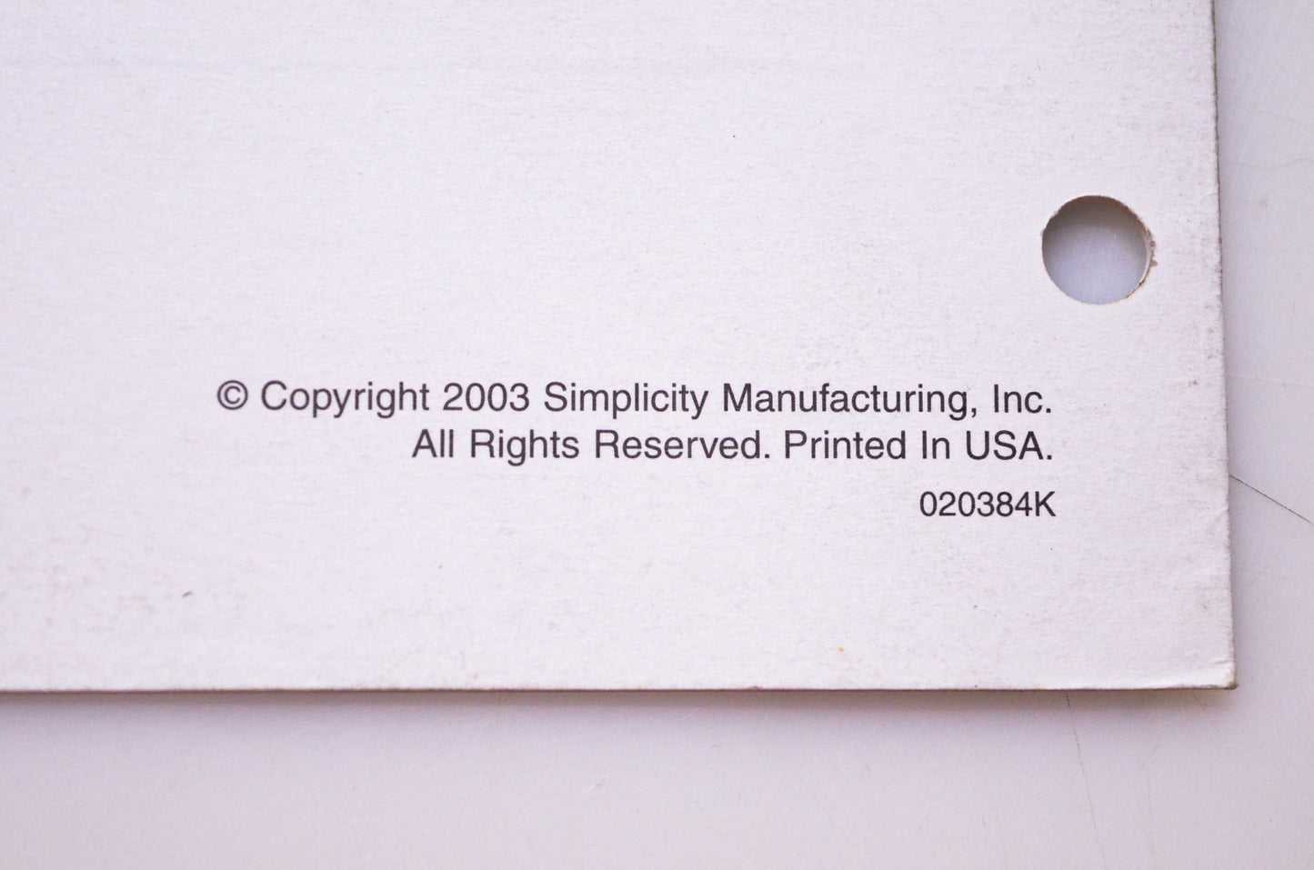Simplicity Manufacturing 020384K 2003 Service Bulletin