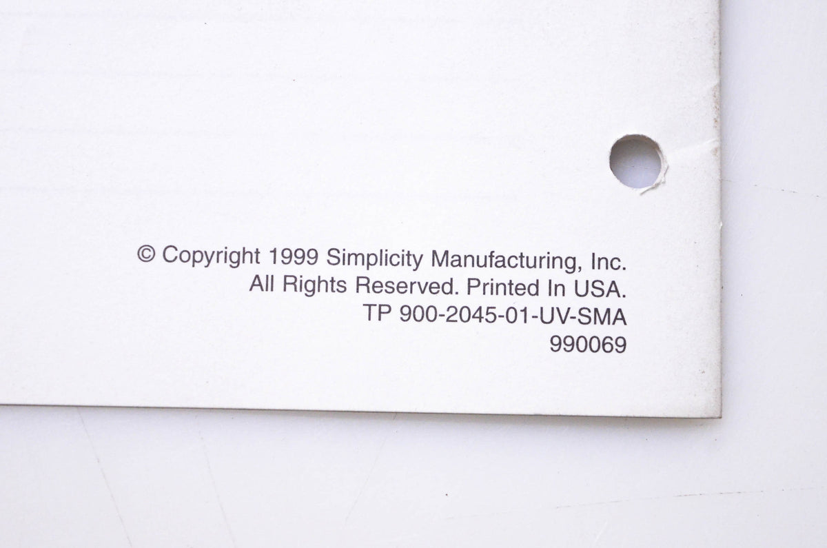 Simplicity Manufacturing 900-2045-01-UV-SMA 1999 Service Bulletin Index