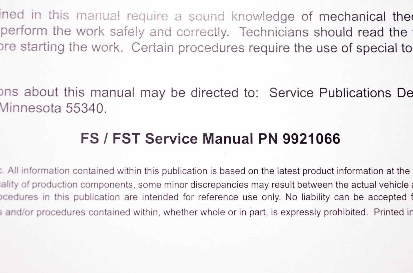 OEM Polaris 9921066 FS FST Service Manual