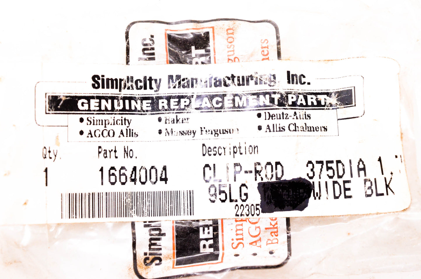 Simplicity Manufacturing 1664004 Rod Clip NOS