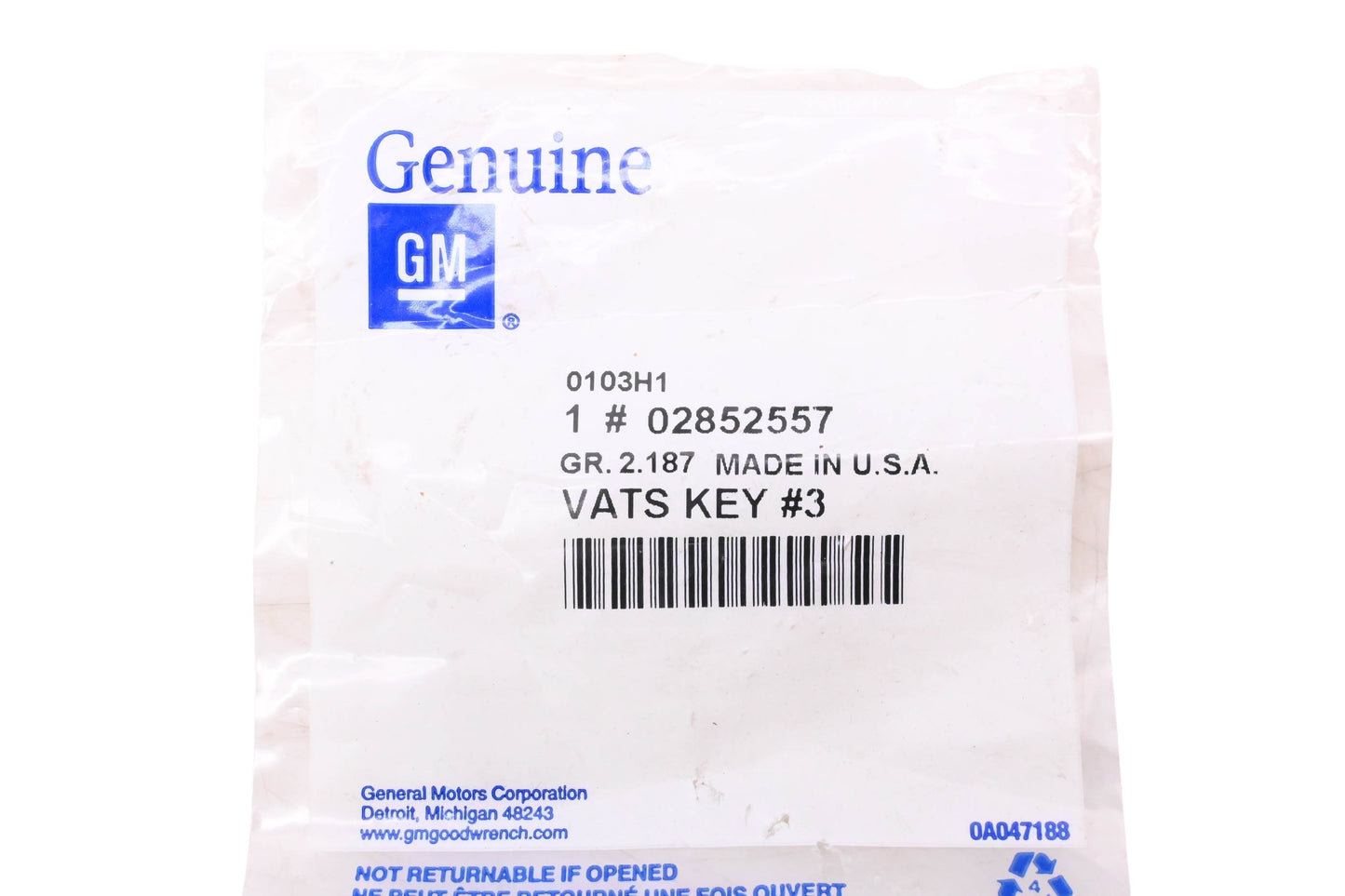 General Motors 02852557 Ignition Key NOS
