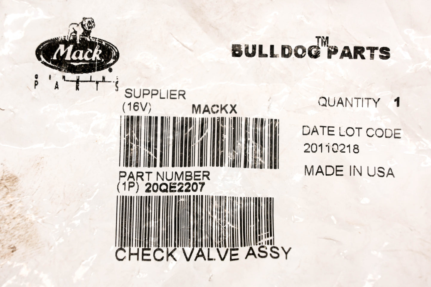 Mack 20QE2207 A/C Check Valve NOS