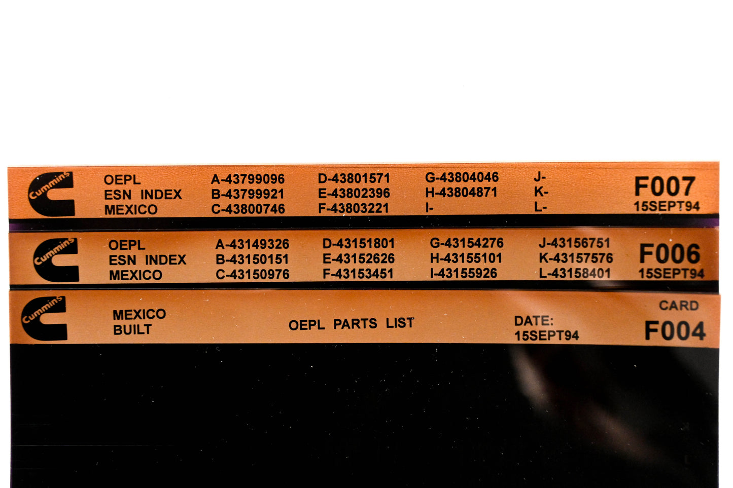 Cummins F006, F007, F004 1994 Mexico OEPL Parts List & ESN Index Lot Of 3 Microfiche NOS