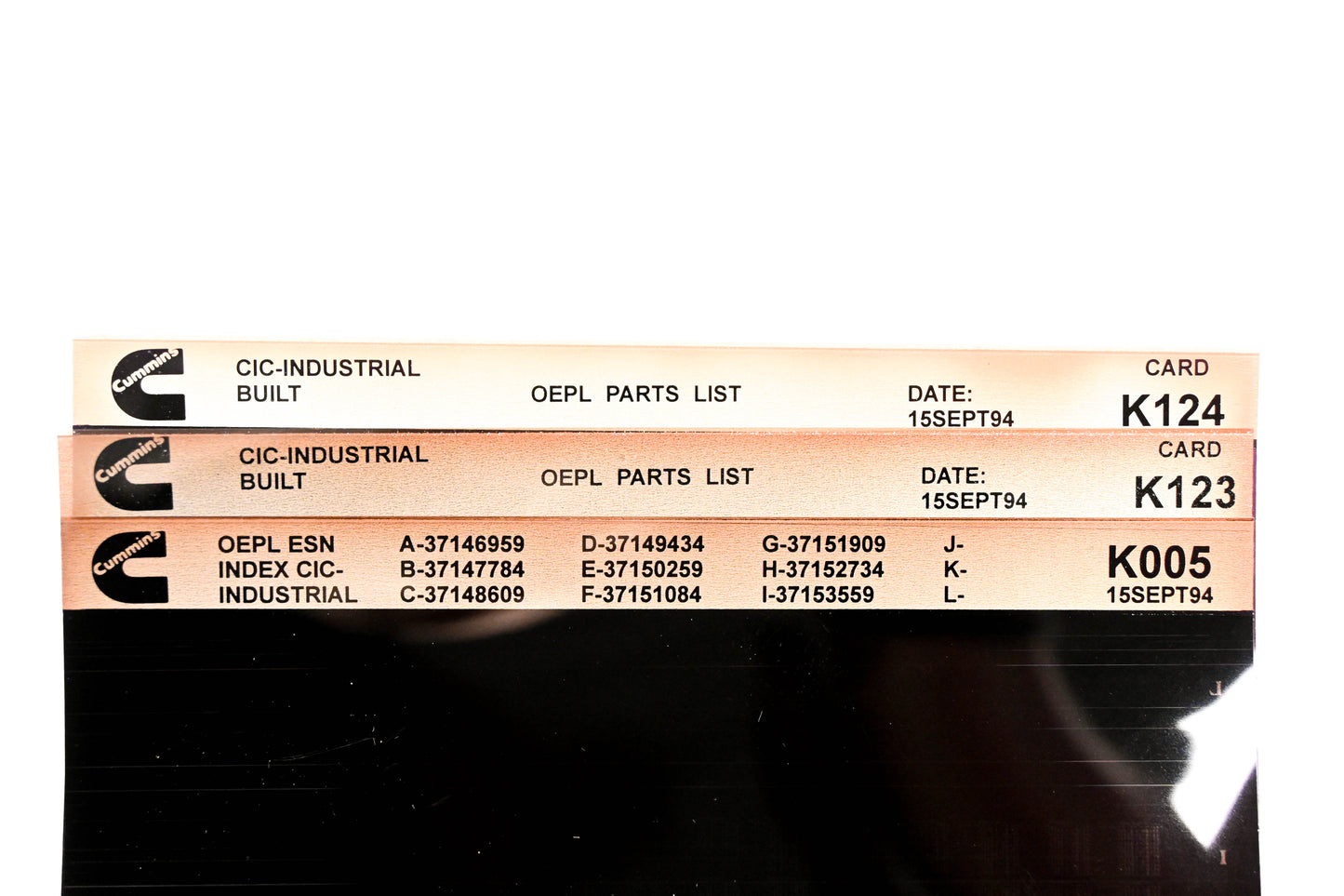 Cummins K005, K123, K124 1994 CIC Industrial OEPL Parts List & ENS Index Lot of 3 Microfiche NOS