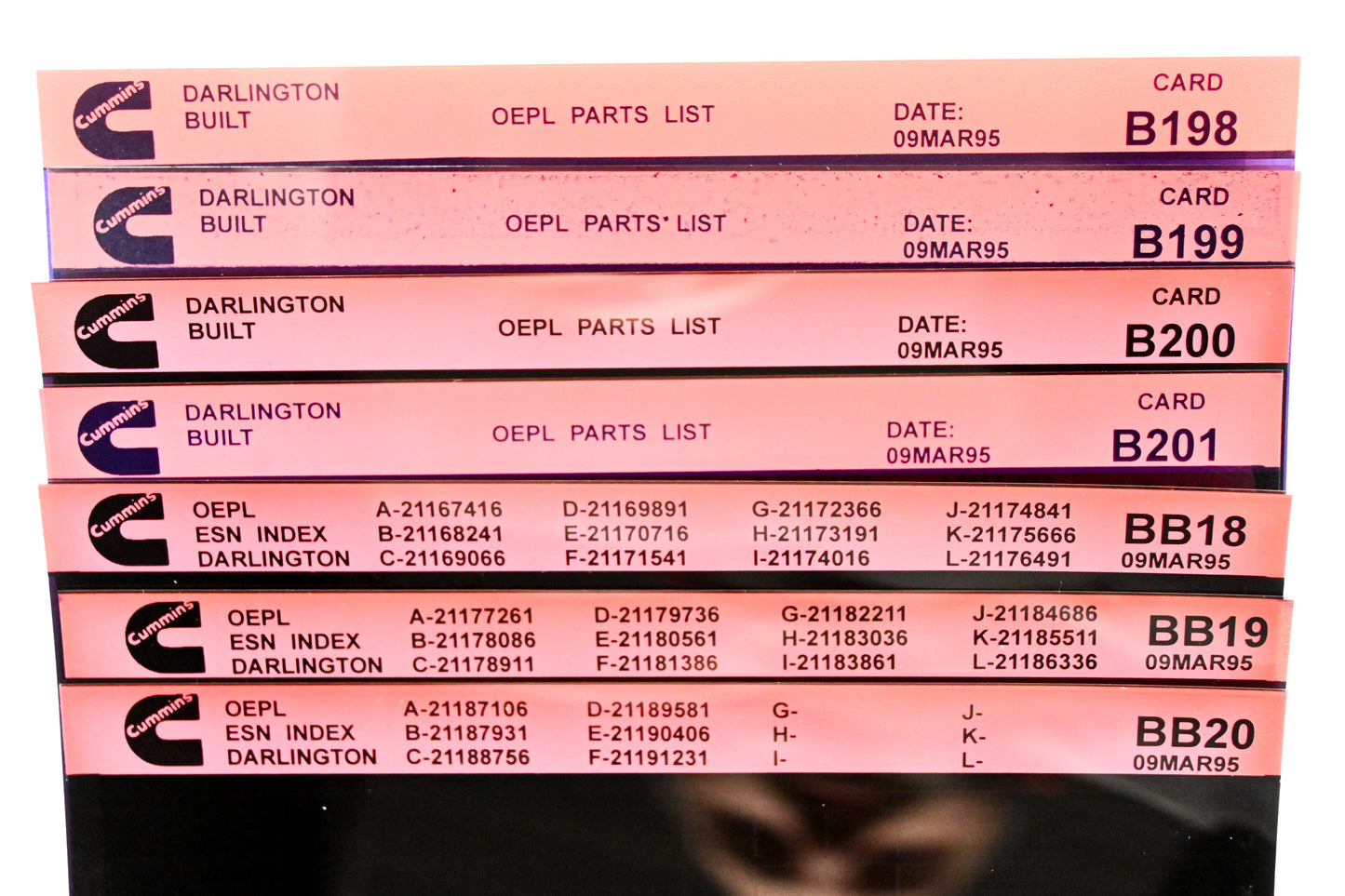 Cummins B198, B201, BB20 1995 Darlington OPLE Parts List & ESN Index Lot of 7 Microfiche NOS