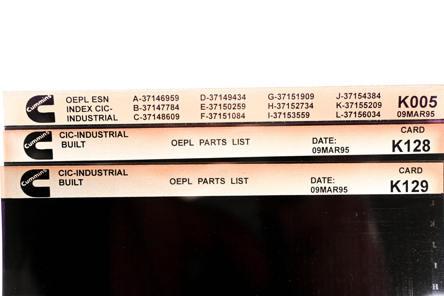 Cummins K005, K128, K129 1995 CIC Industrial OEPL Parts List & ESN Index Lot of 3 Microfiche NOS