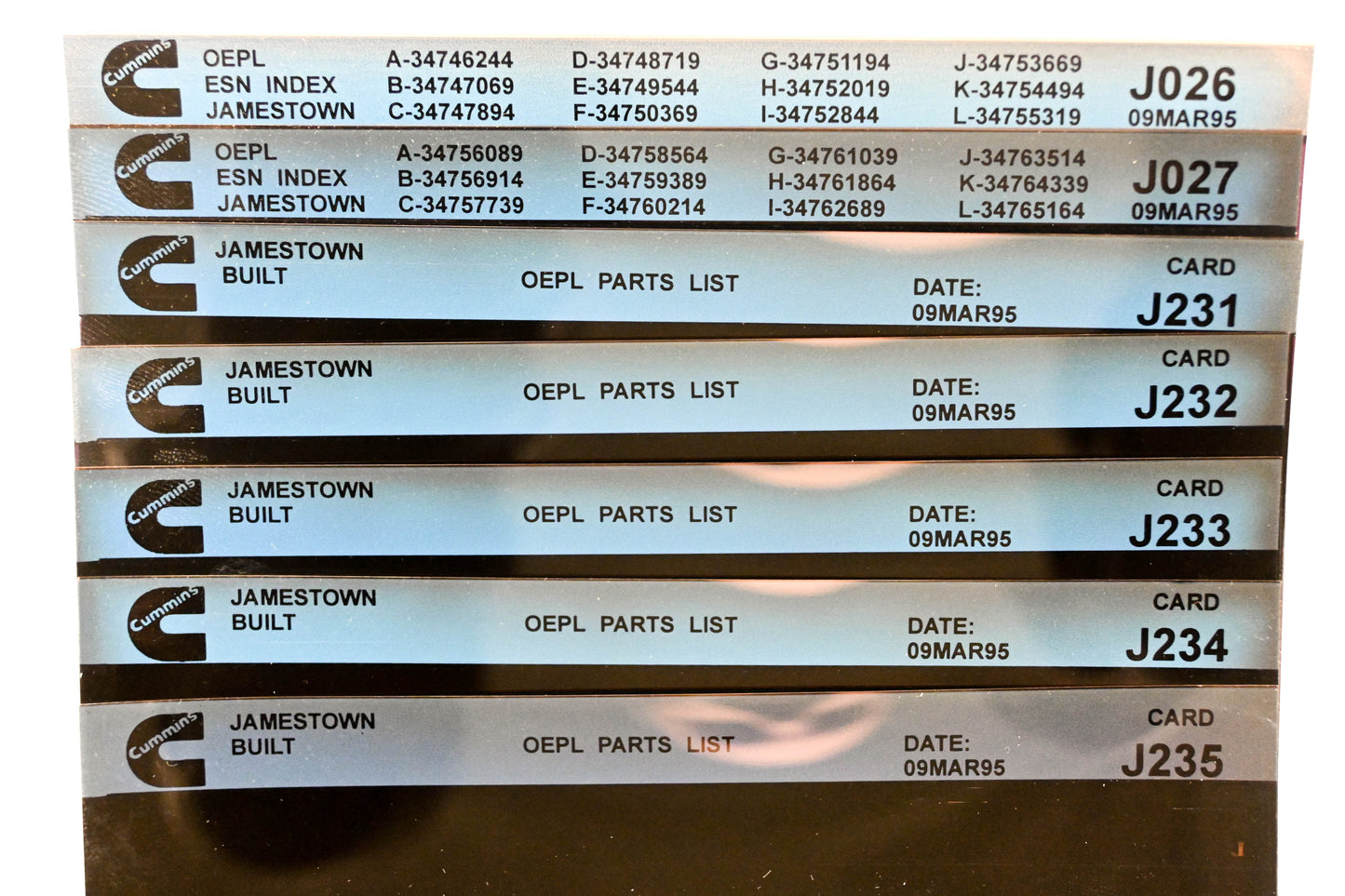 Cummins J026, J231, J235 1995 Jamestown OEPL Parts List & ESN Index Lot Of7 Microfiche NOS