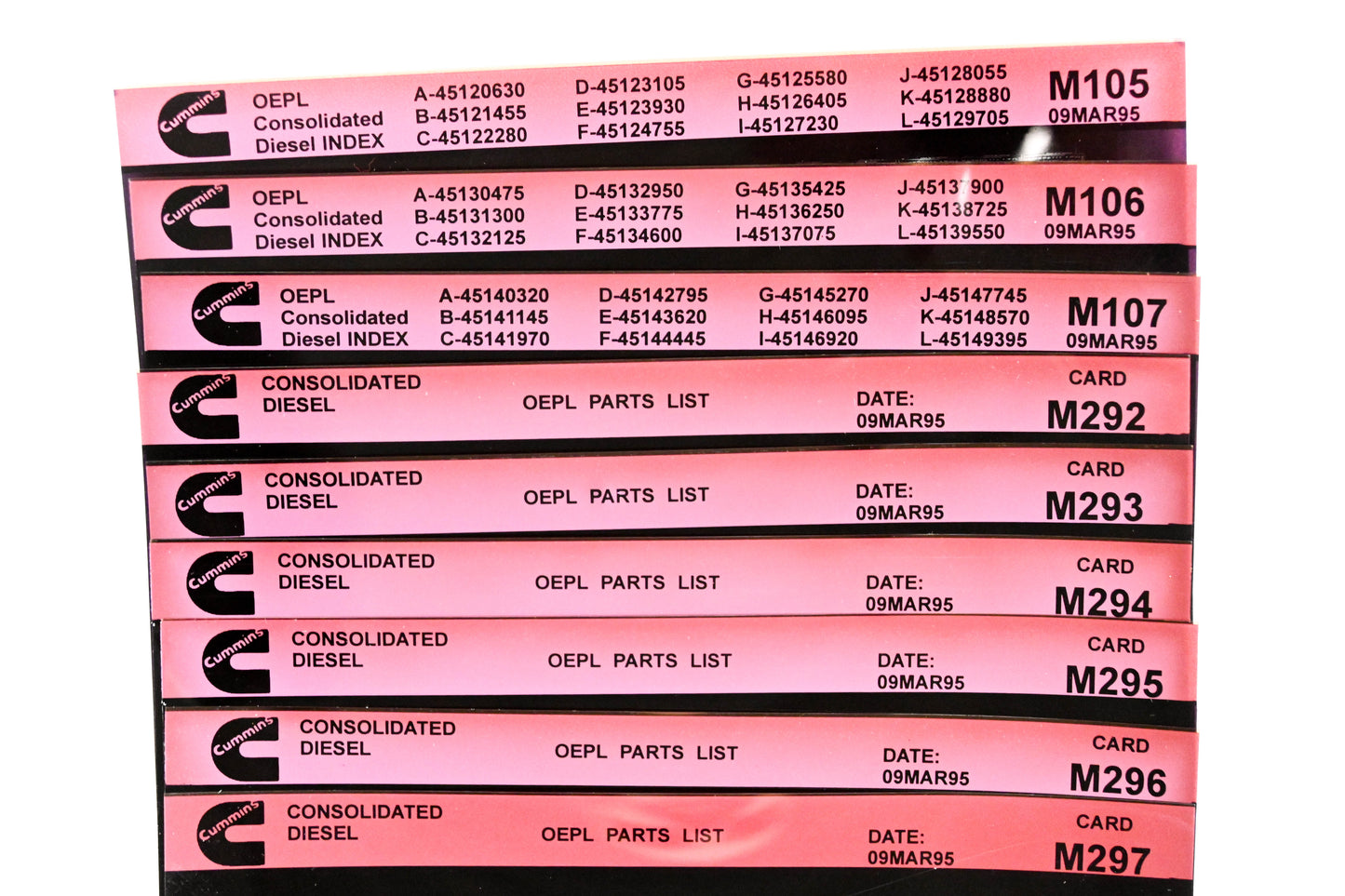 Cummins M105, M292, M297 1995 Consolidated Diesel OEPL Parts List & ESN Index Lot Of 9 Microfiche NOS