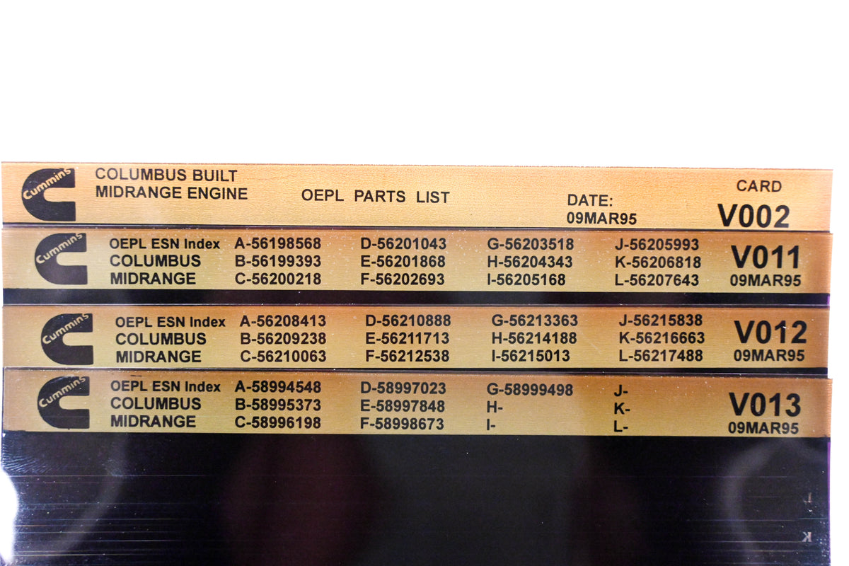 Cummins V002, V011, V013 1995 Columbus Midrange OEPL Parts List & ESN Index Lot Of 4 Microfiche NOS