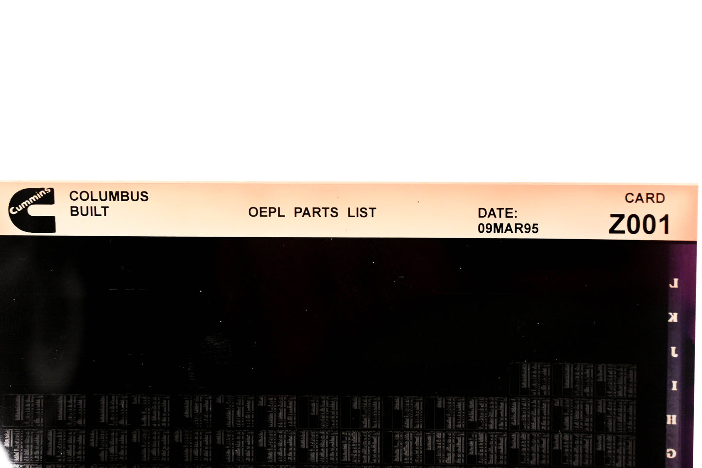 Cummins Z001 1995 Columbus OEPL Parts List Microfiche NOS
