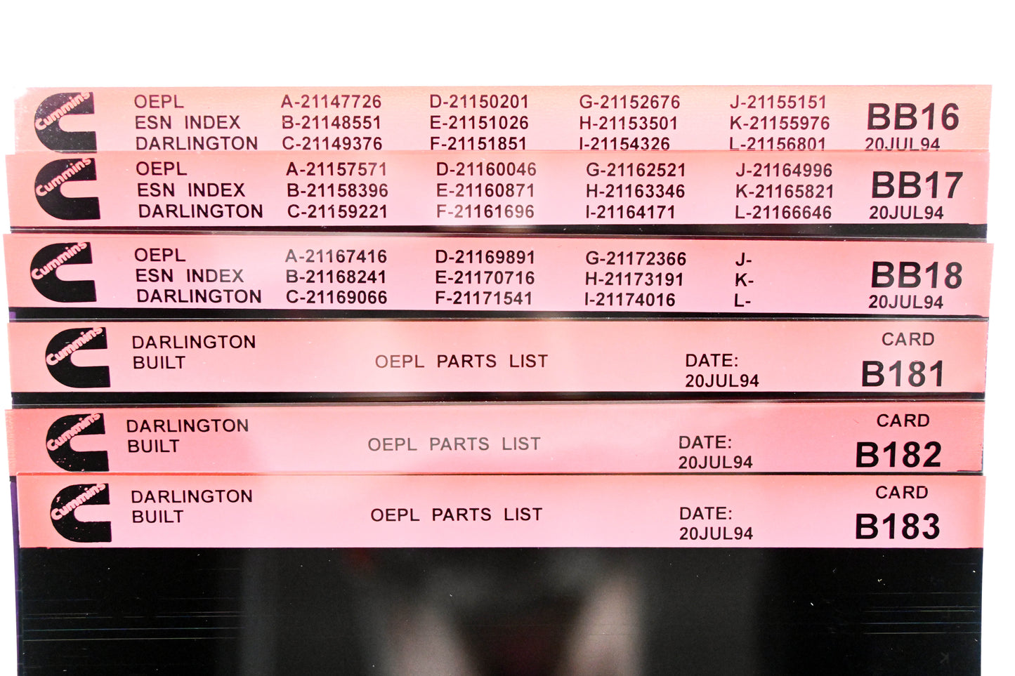 Cummins BB16, B181, B183 1994 Darlington OEPL Parts List & ESN Index Lot Of 6 Microfiche NOS