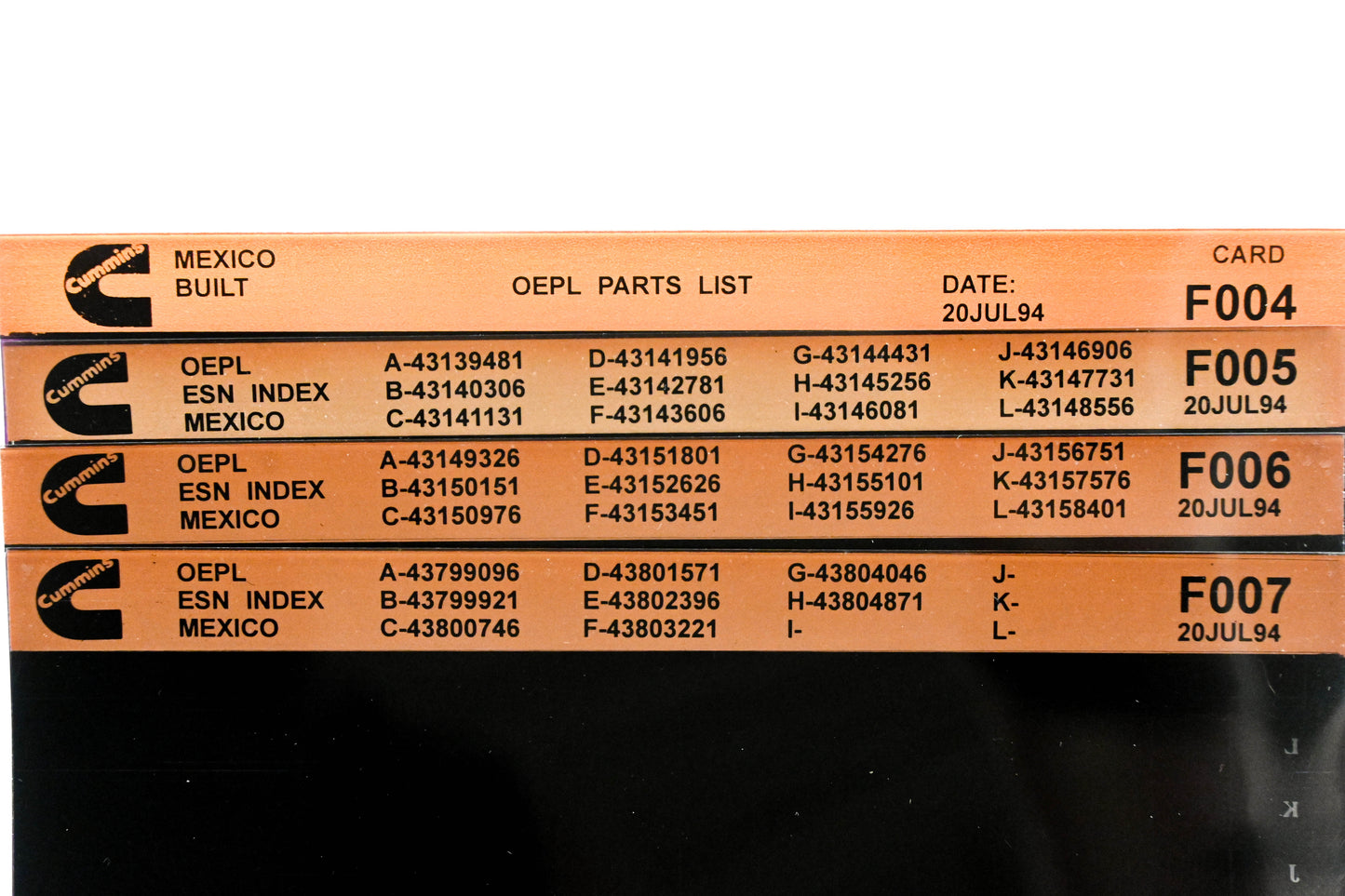 Cummins F004, F006, F007 1994 Mexico OEPL Parts List & ESN index Lot Of 4 Microfiche NOS